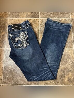 Miss Me Jeans Womens 30 Fade Wash Boot Fleur De Lis whiskers Embellished Stretch